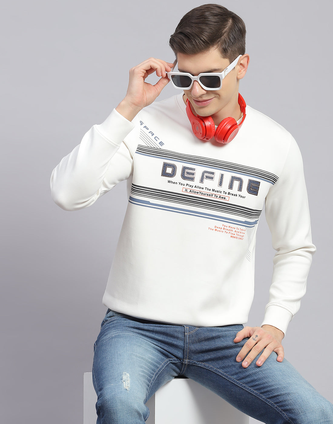 Men Off White Printed Round Neck Full Sleeve Sweatshirt