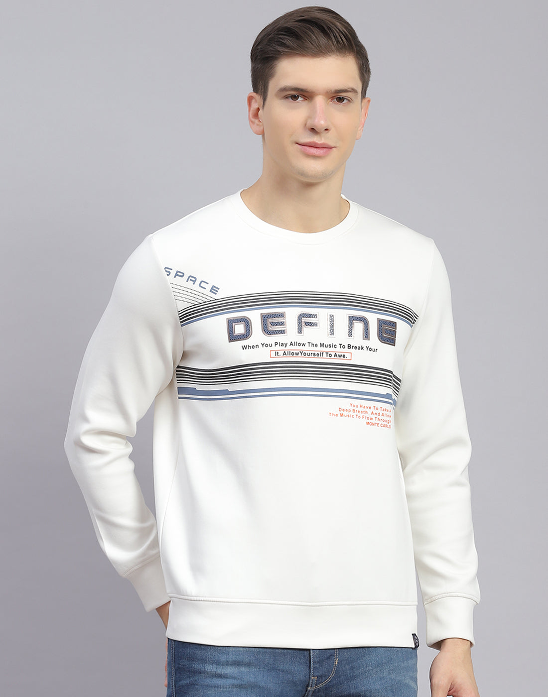Men Off White Printed Round Neck Full Sleeve Sweatshirt