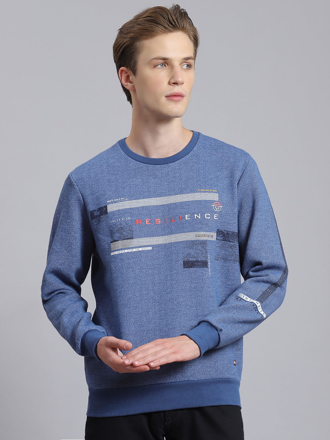 Men Blue Printed Round Neck Full Sleeve Sweatshirt