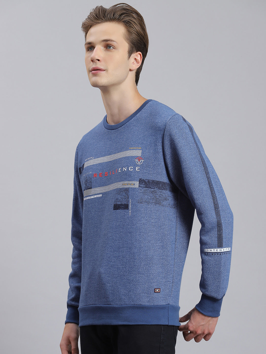 Men Blue Printed Round Neck Full Sleeve Sweatshirt