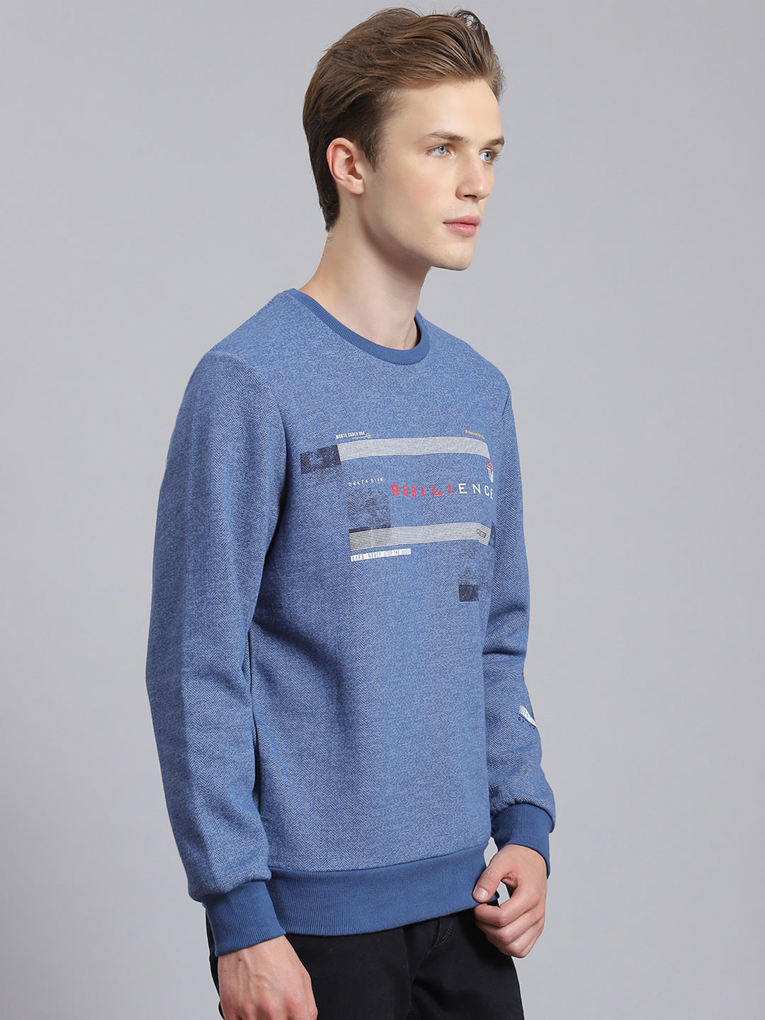 Men Blue Printed Round Neck Full Sleeve Sweatshirt