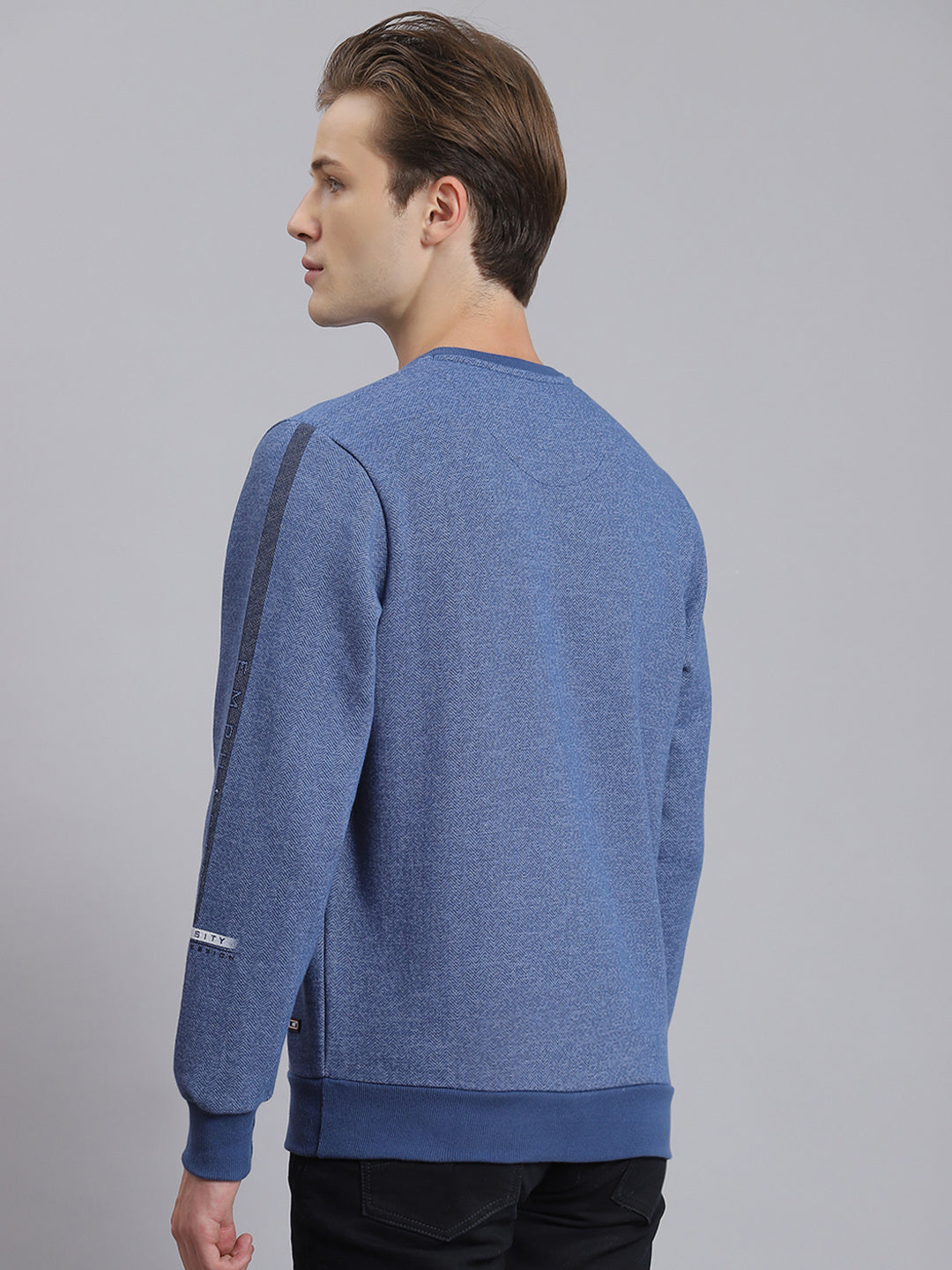 Men Blue Printed Round Neck Full Sleeve Sweatshirt
