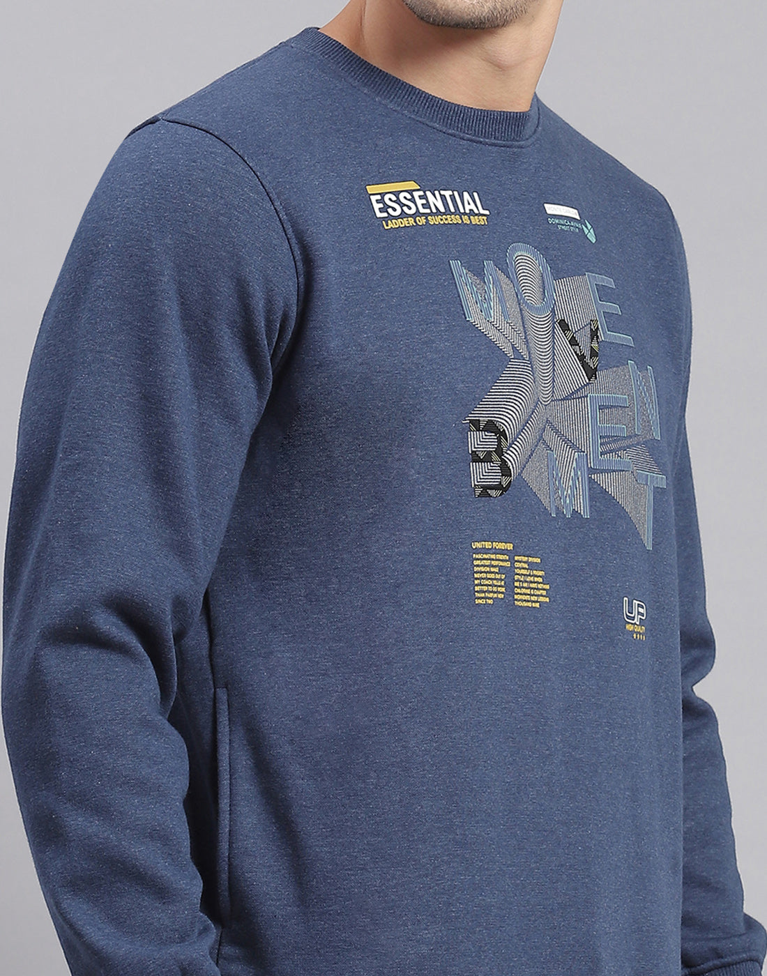 Men Blue Printed Round Neck Full Sleeve Sweatshirt