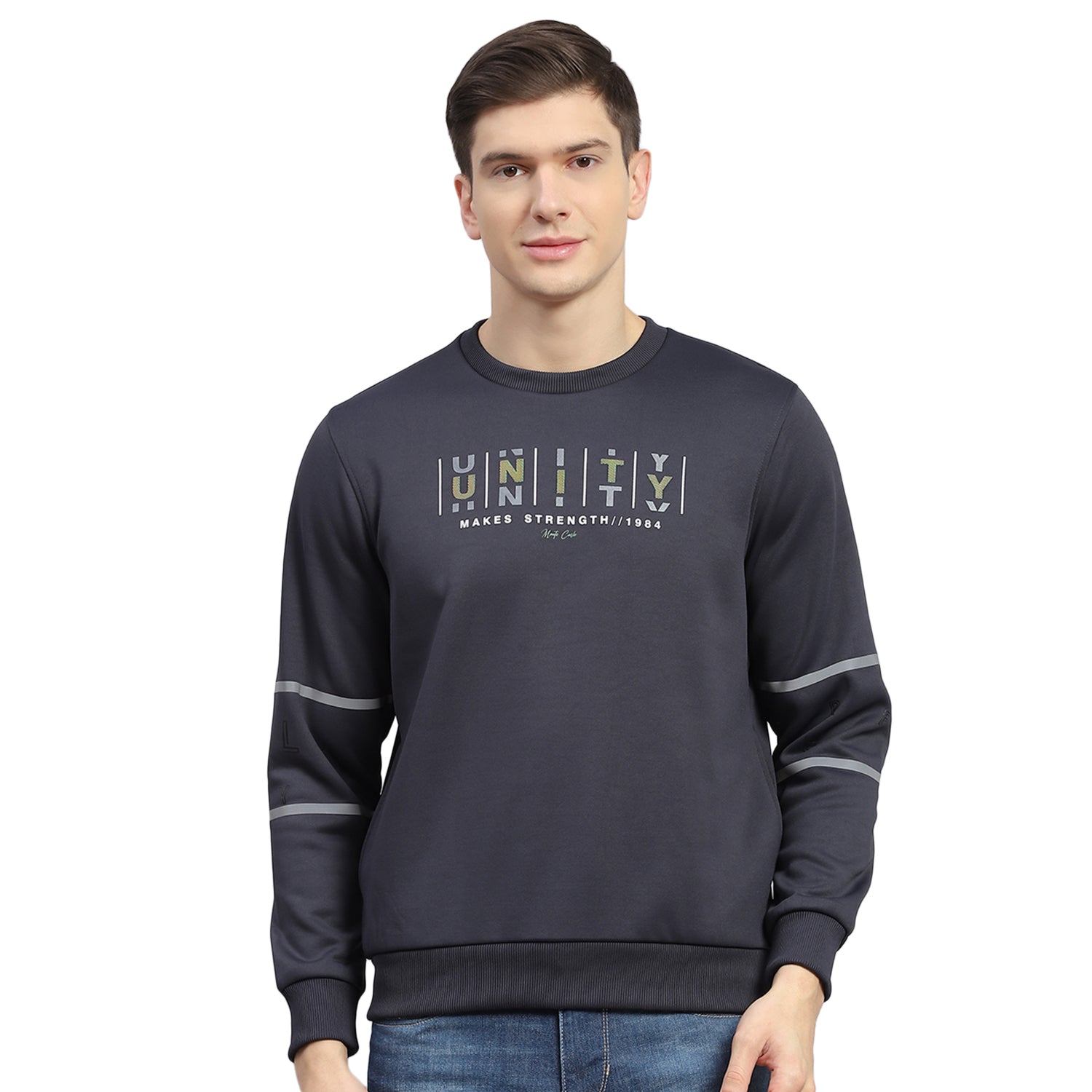 Men Grey Printed Round Neck Full Sleeve Sweatshirt
