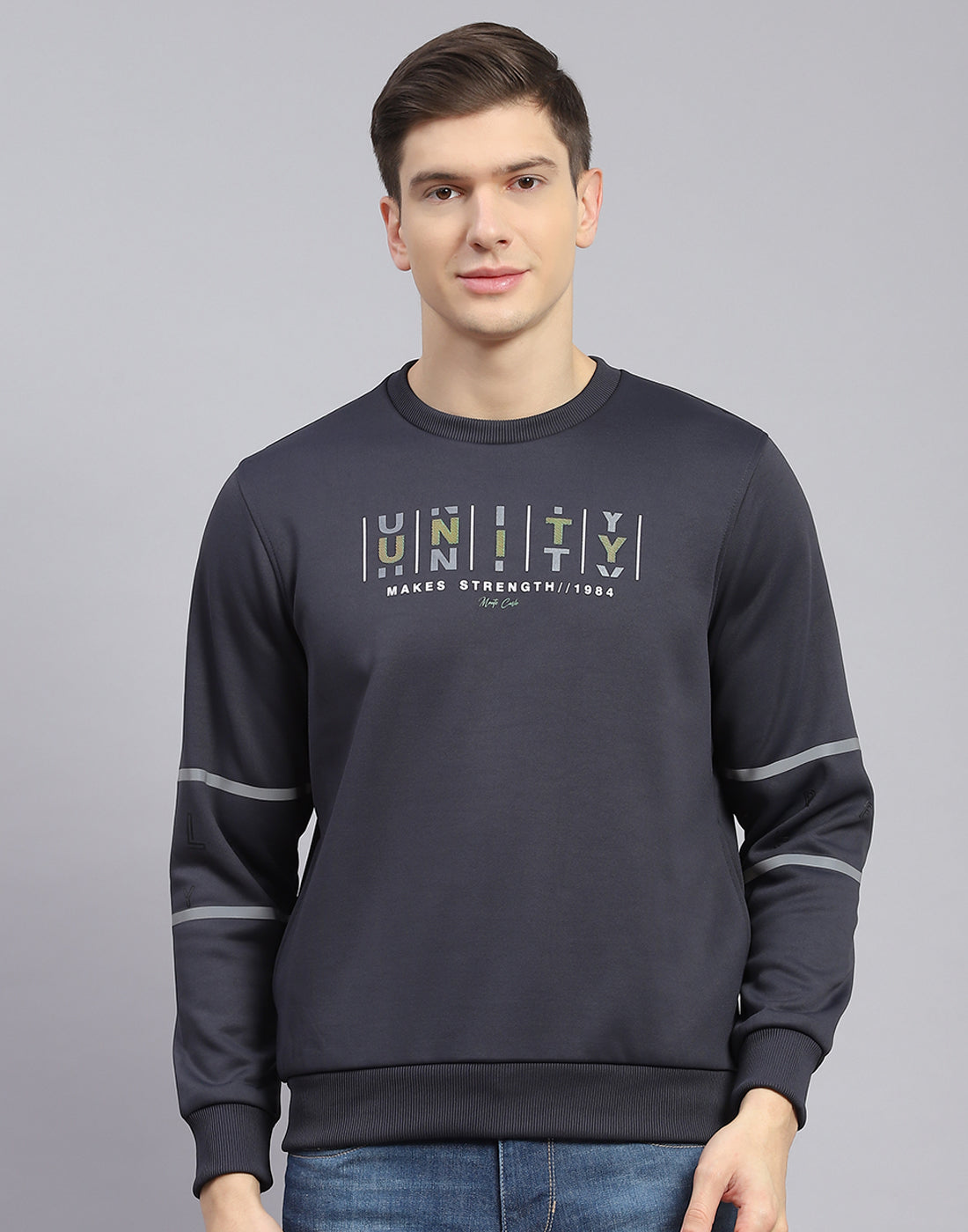 Men Grey Printed Round Neck Full Sleeve Sweatshirt