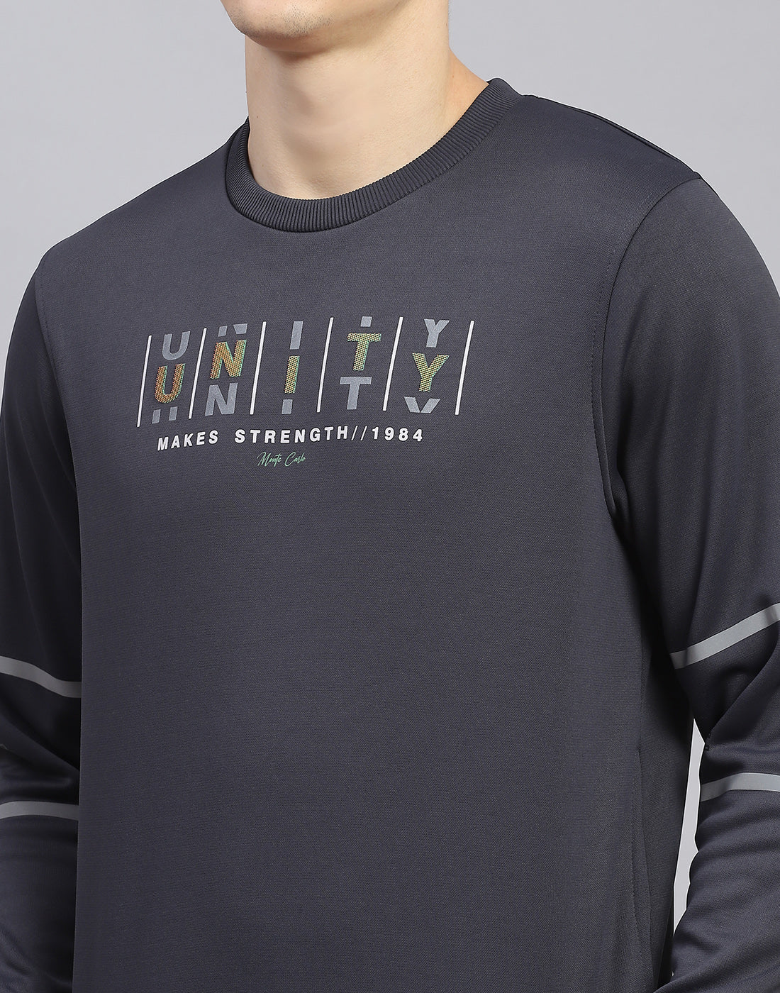 Men Grey Printed Round Neck Full Sleeve Sweatshirt