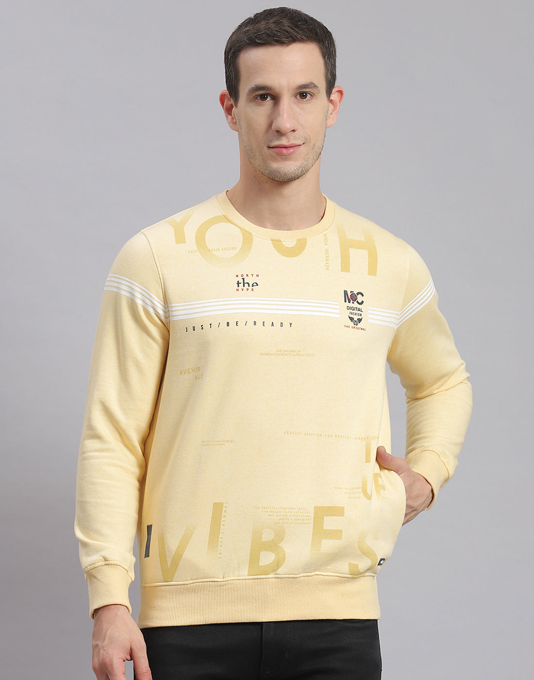 Men Beige Printed Round Neck Full Sleeve Sweatshirt