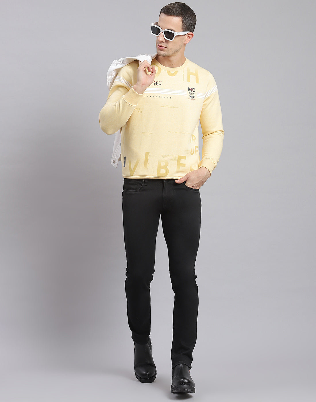 Men Beige Printed Round Neck Full Sleeve Sweatshirt