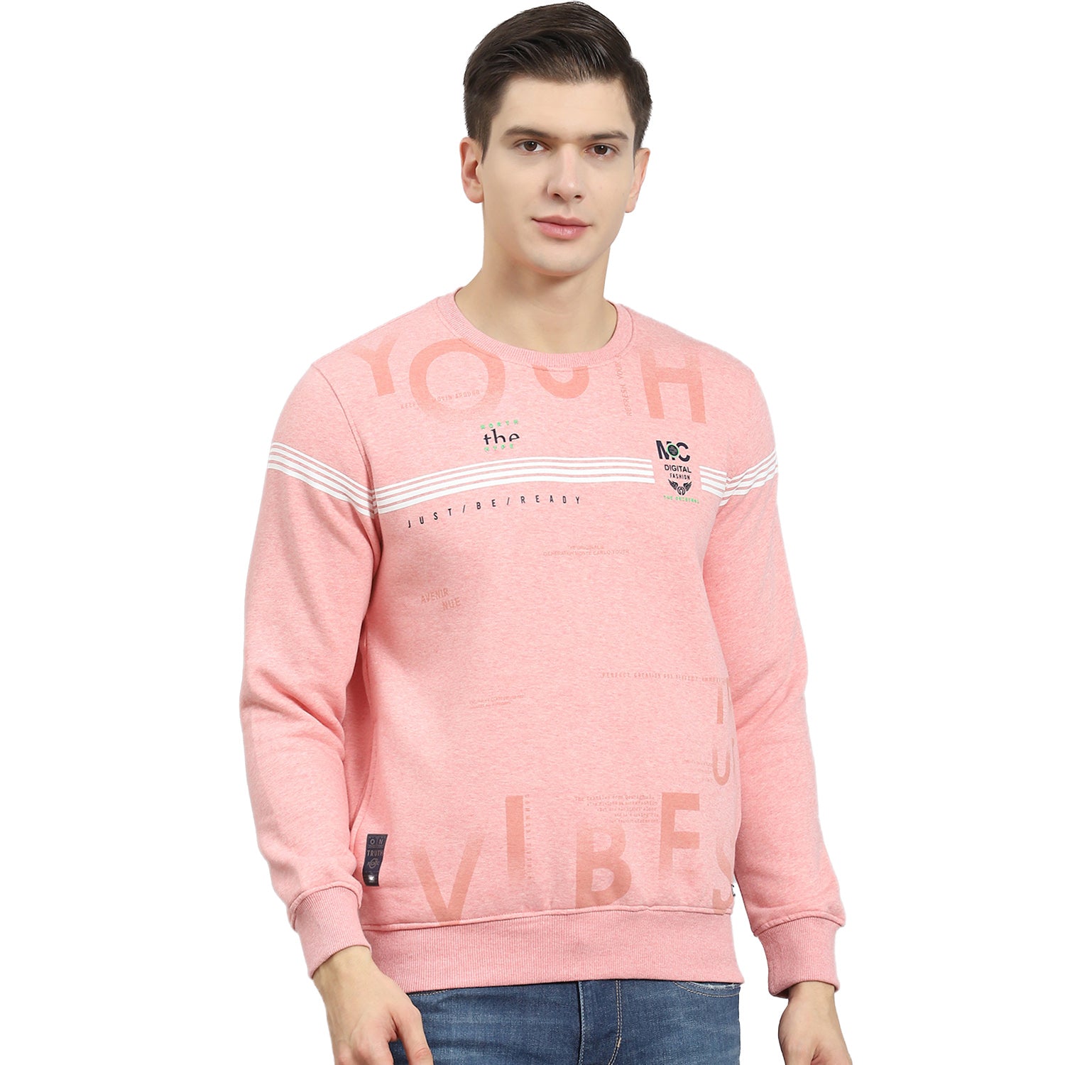 Men Pink Printed Round Neck Full Sleeve Sweatshirt