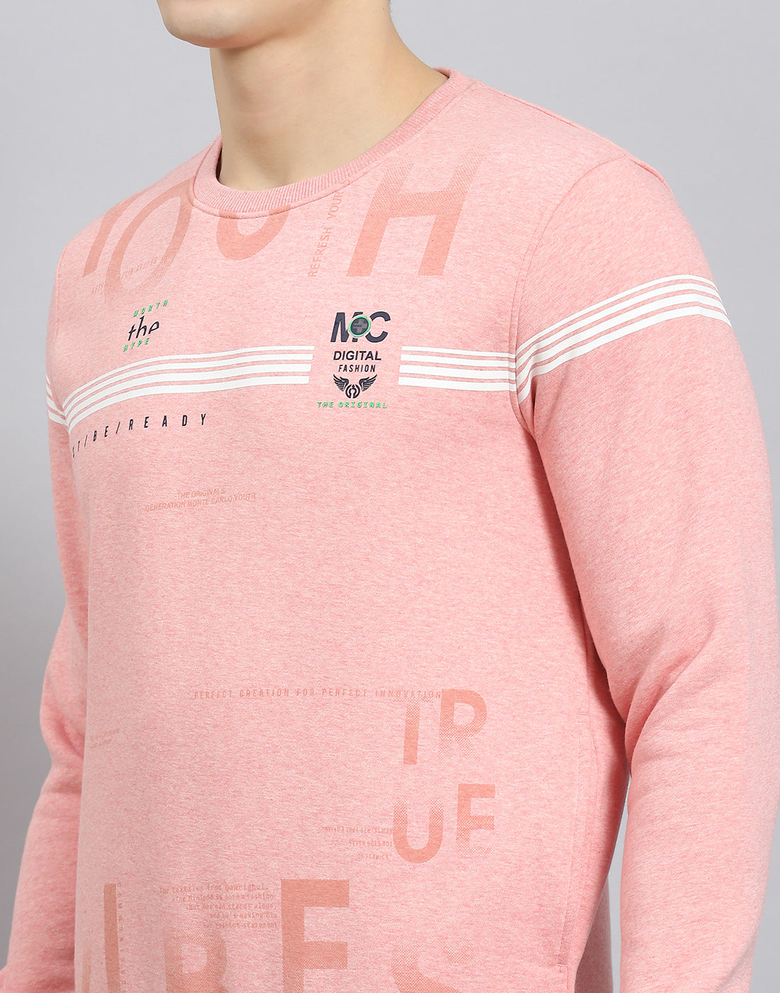 Men Pink Printed Round Neck Full Sleeve Sweatshirt