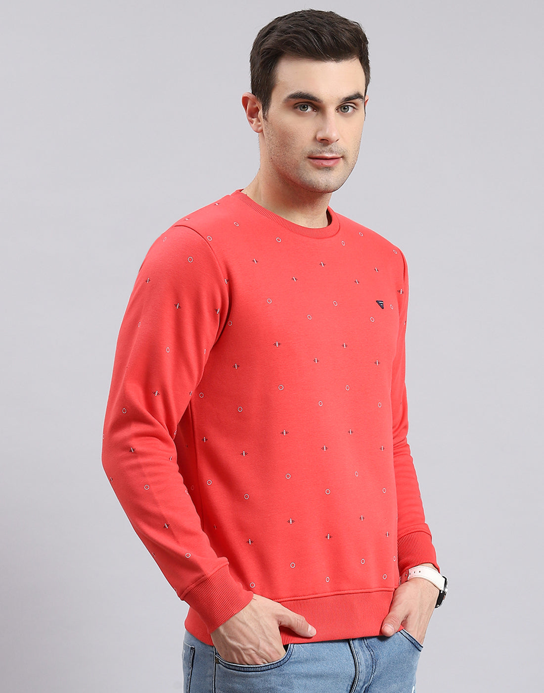 Men Pink Printed Round Neck Full Sleeve Sweatshirt