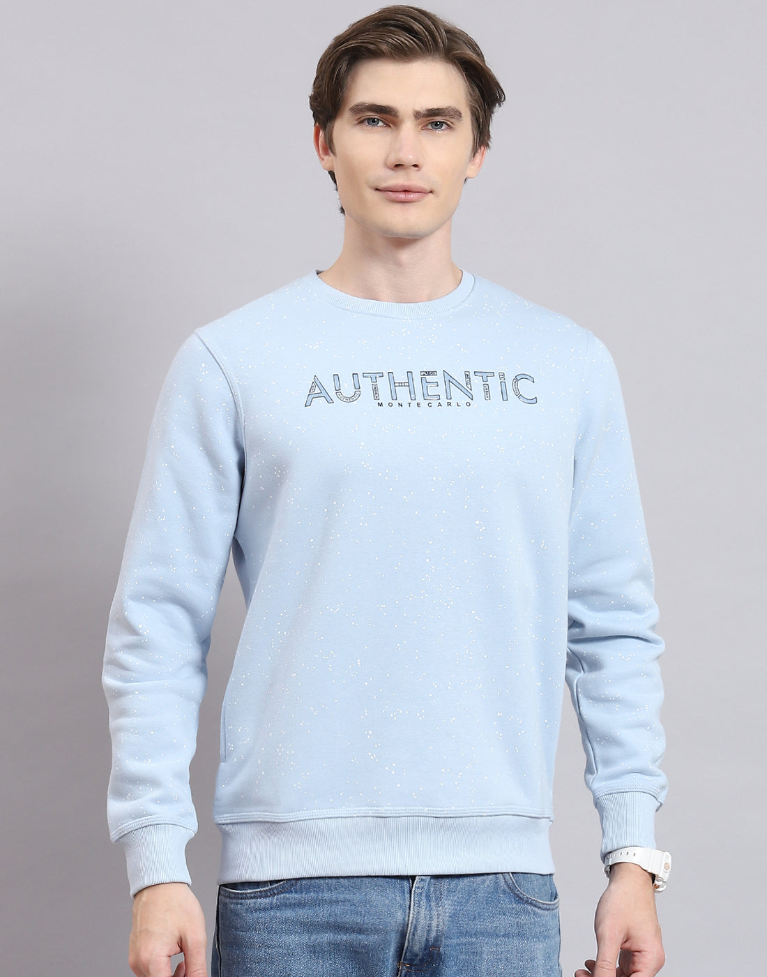 Men Blue Printed Round Neck Full Sleeve Sweatshirt