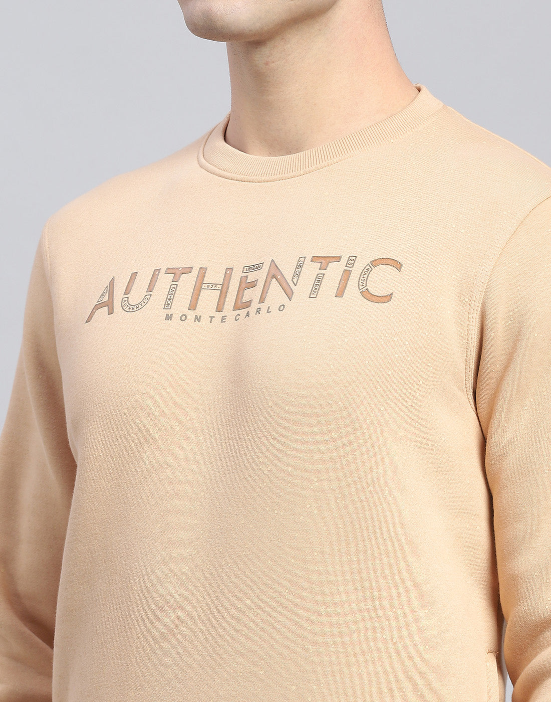 Men Beige Printed Round Neck Full Sleeve Sweatshirt