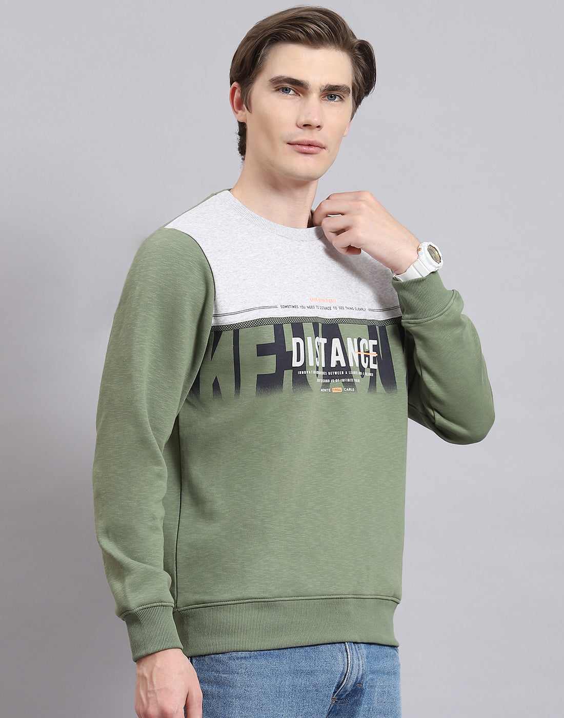 Men Green Printed Round Neck Full Sleeve Sweatshirt