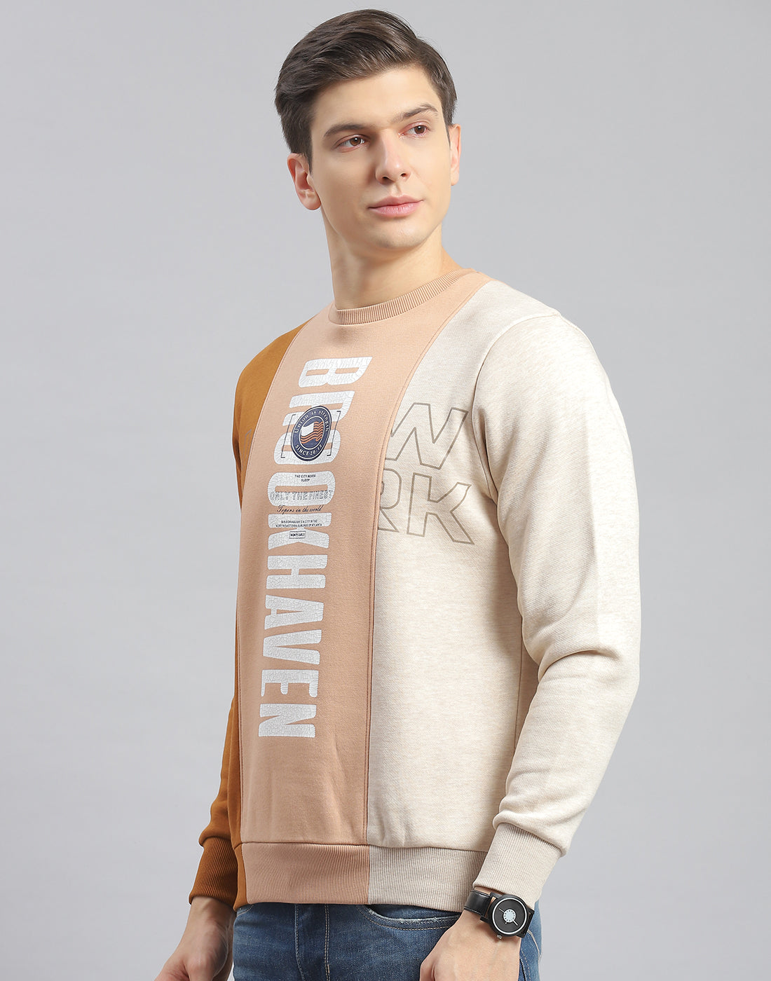 Men Beige Printed Round Neck Full Sleeve Sweatshirt