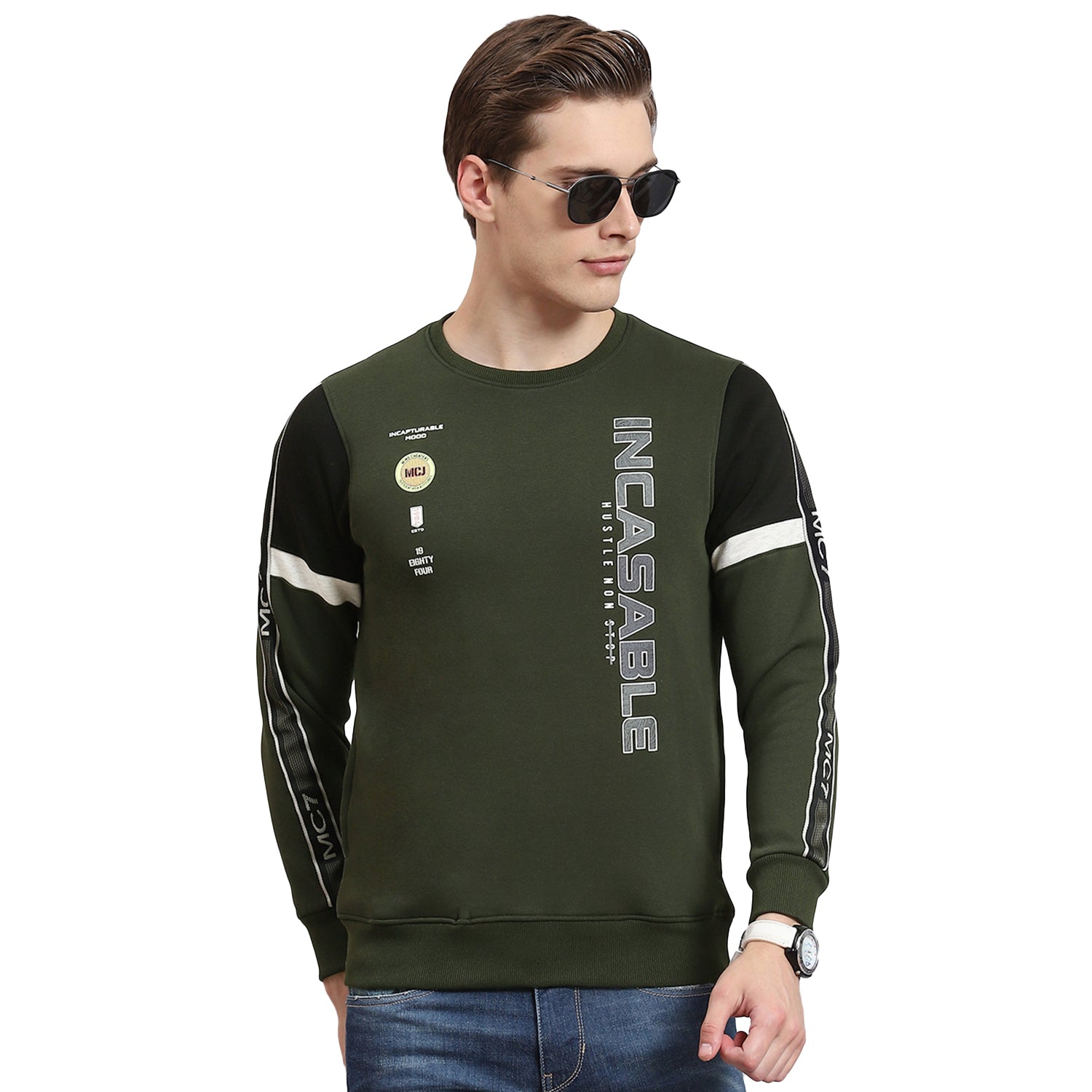 Men Olive Printed Round Neck Full Sleeve Sweatshirt