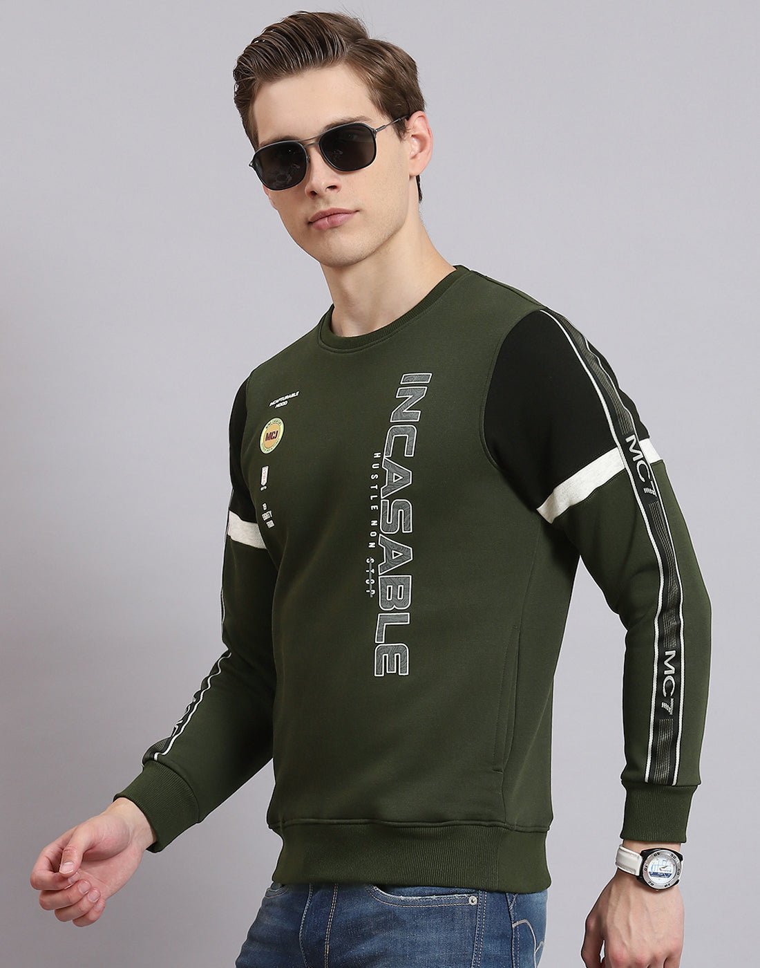 Men Olive Printed Round Neck Full Sleeve Sweatshirt