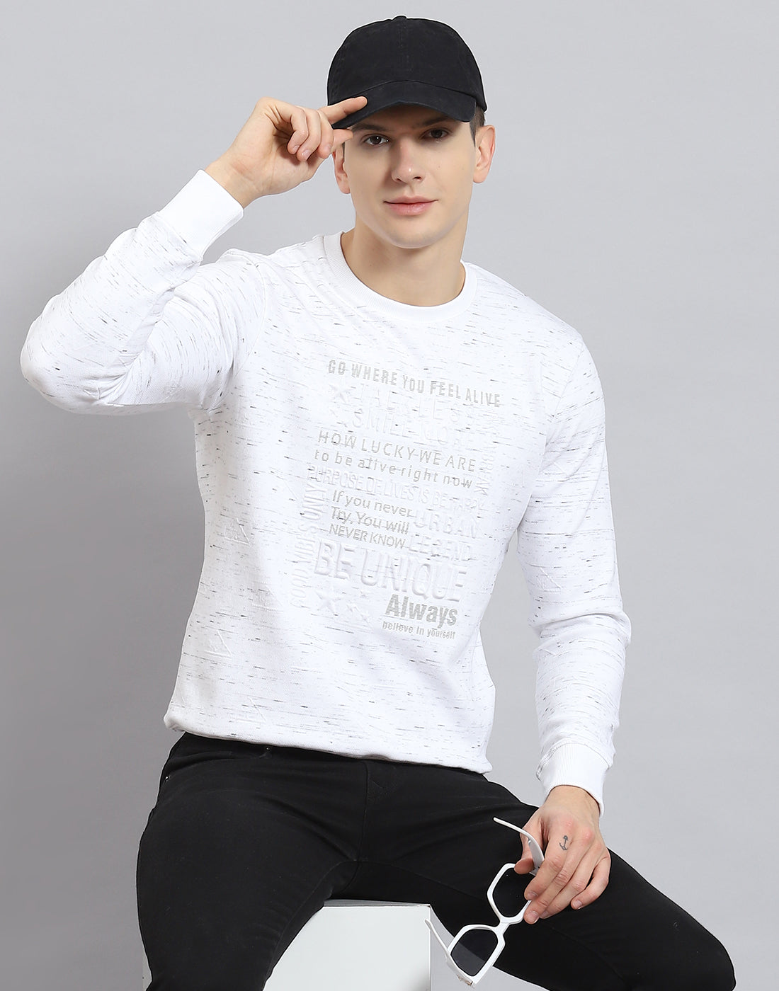 Men Off White Printed Round Neck Full Sleeve Sweatshirt
