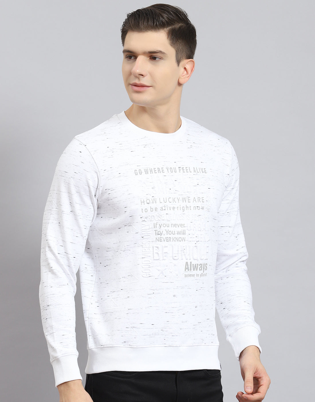 Men Off White Printed Round Neck Full Sleeve Sweatshirt
