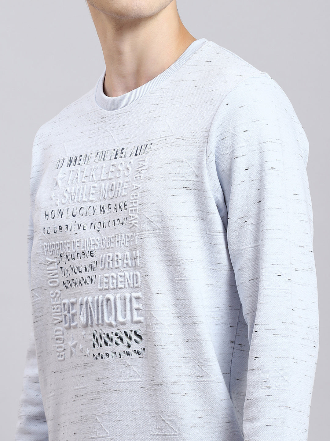Men Blue Printed Round Neck Full Sleeve Sweatshirt