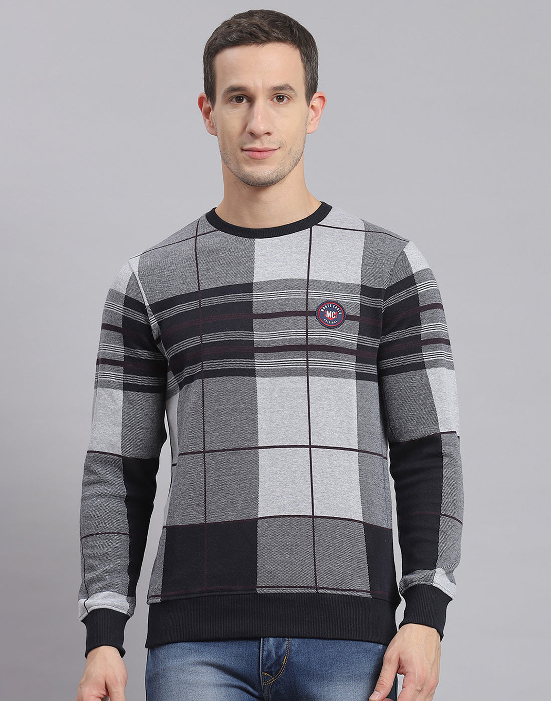 Men Grey Melange Check Round Neck Full Sleeve Sweatshirt