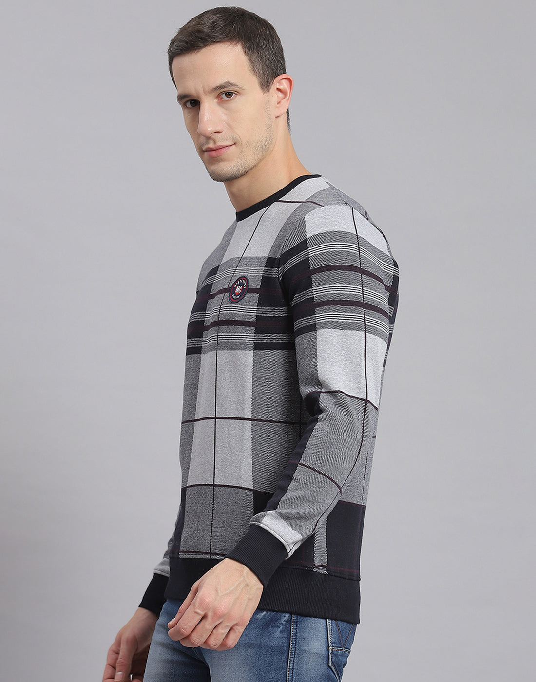 Men Grey Melange Check Round Neck Full Sleeve Sweatshirt