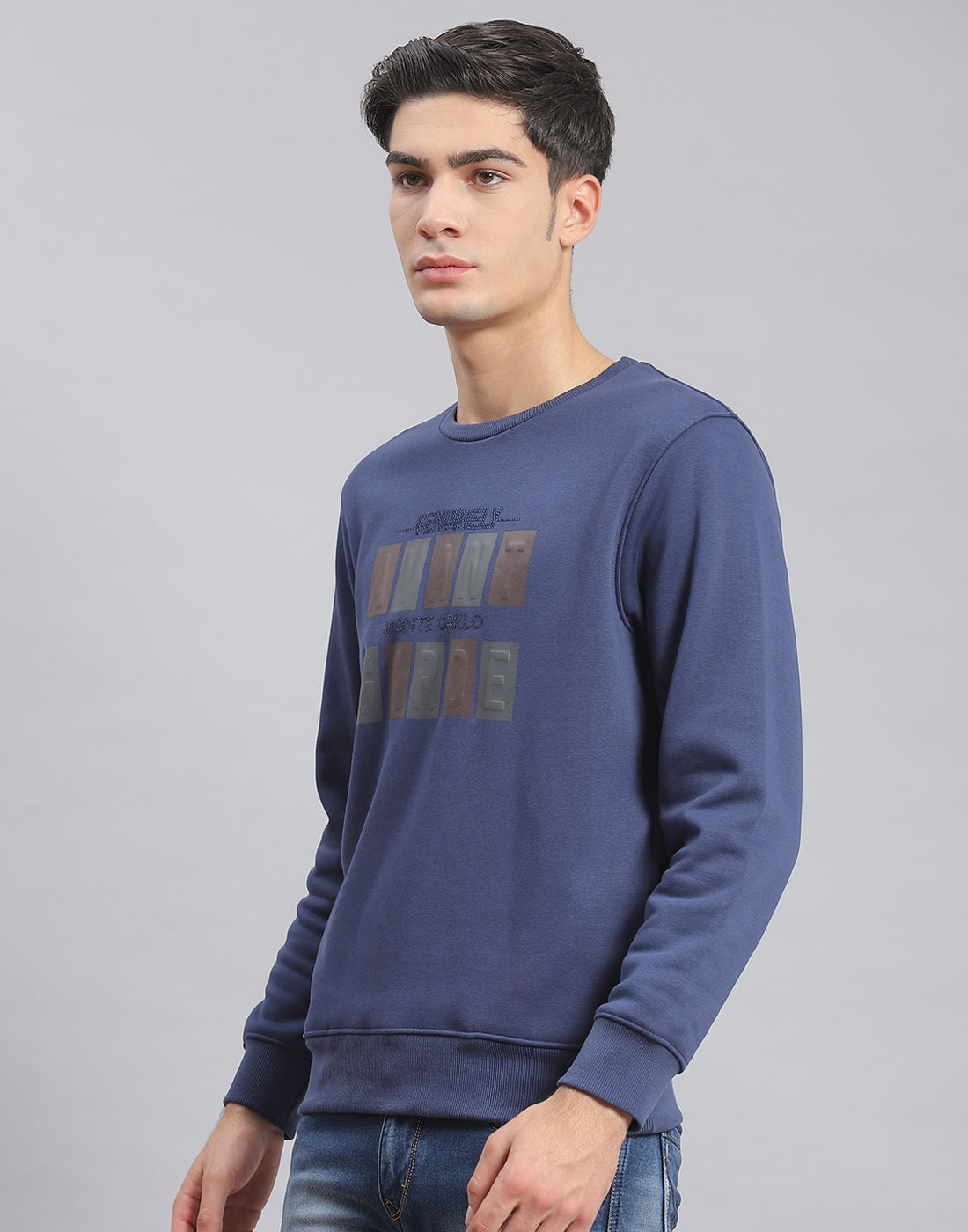 Men Blue Printed Round Neck Full Sleeve Sweatshirt