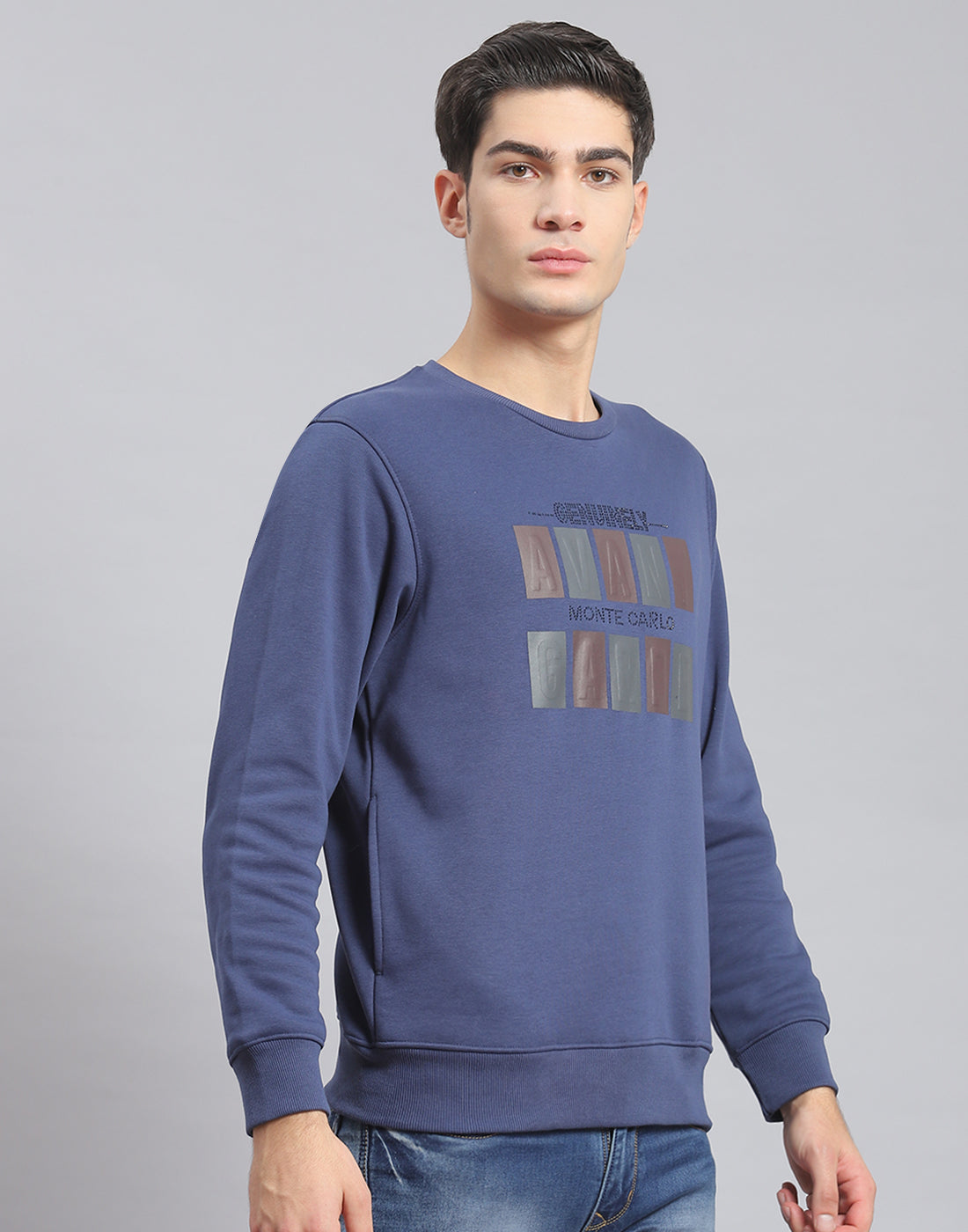 Men Blue Printed Round Neck Full Sleeve Sweatshirt