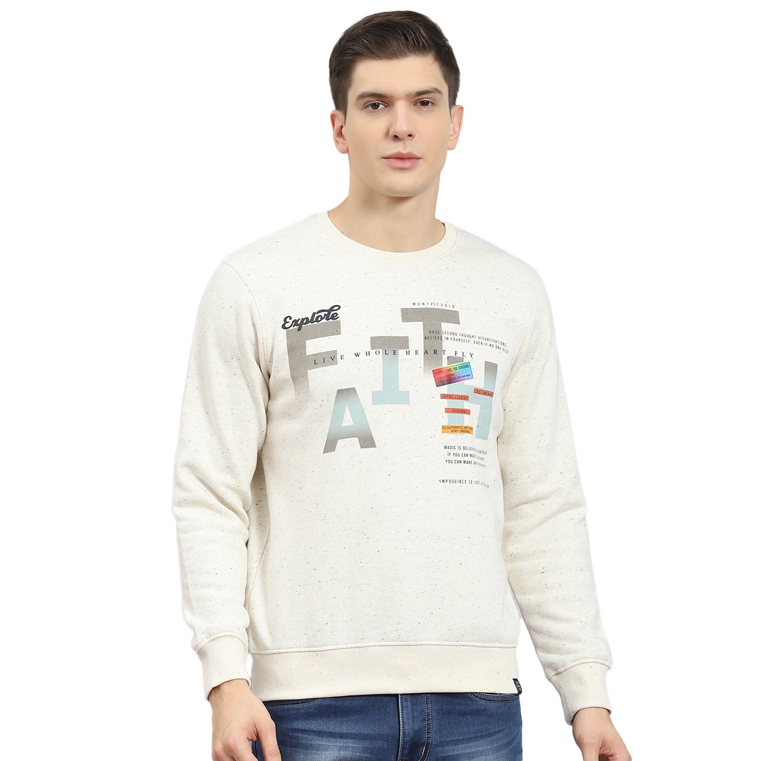 Men Beige Printed Round Neck Full Sleeve Sweatshirt
