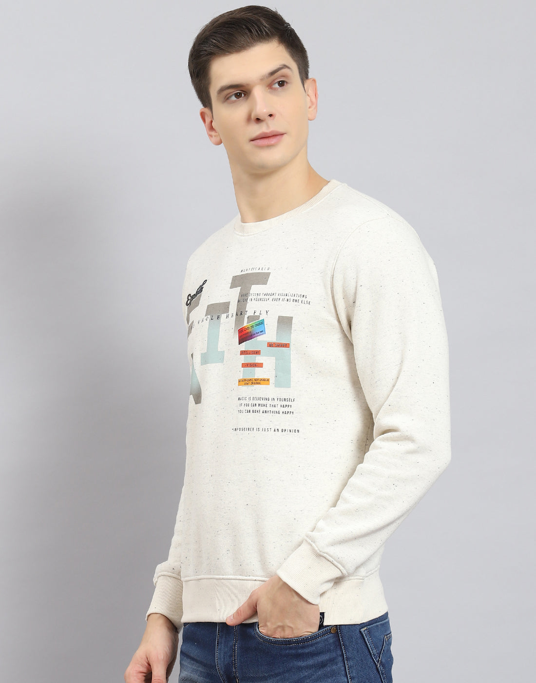 Men Beige Printed Round Neck Full Sleeve Sweatshirt