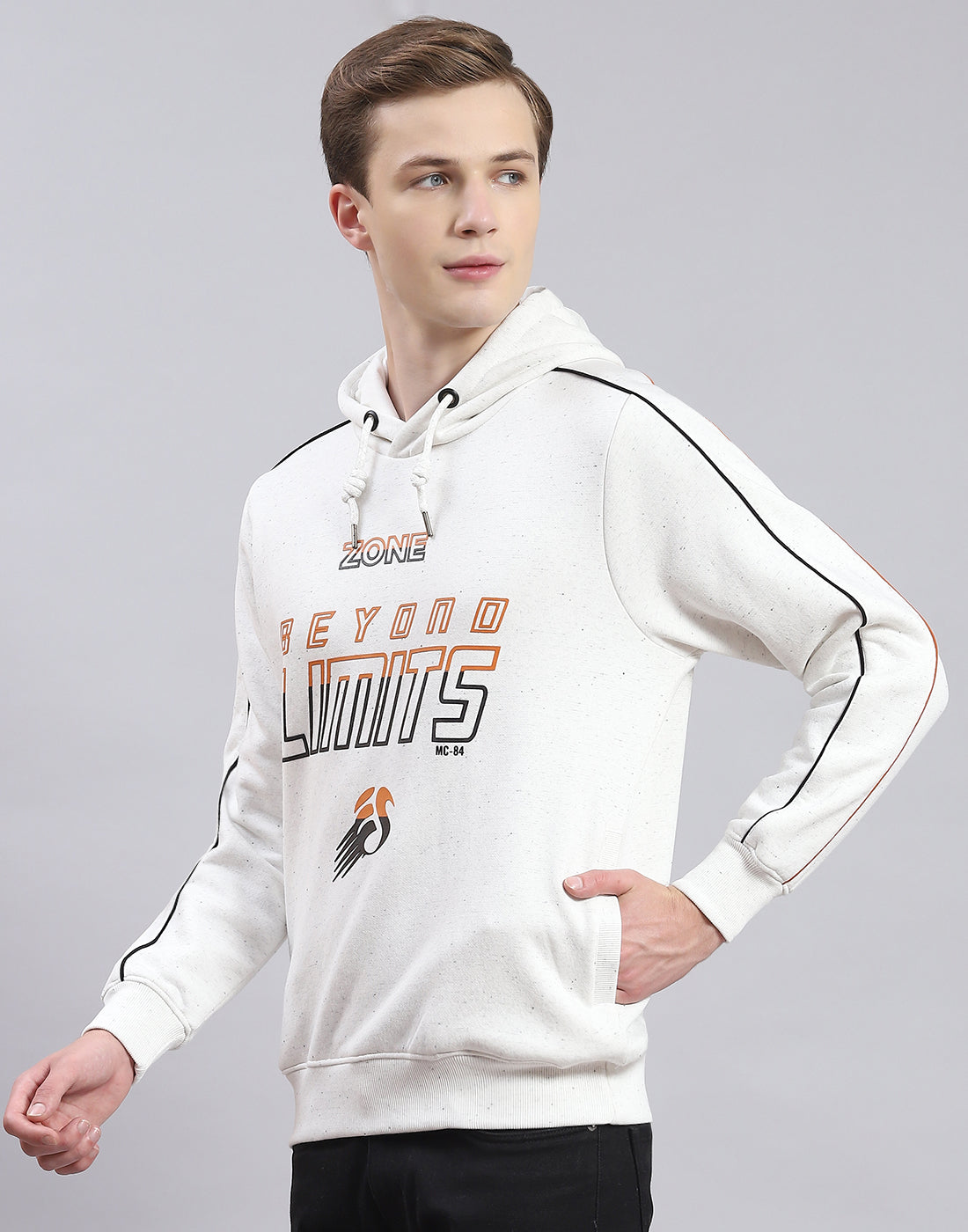 Men Off White Printed Hooded Full Sleeve Sweatshirt