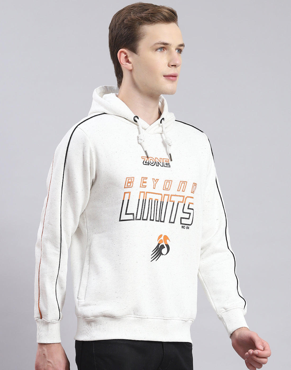 Men Off White Printed Hooded Full Sleeve Sweatshirt