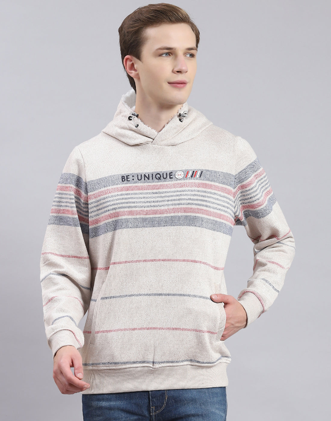 Men Grey Stripe Hooded Full Sleeve Sweatshirt