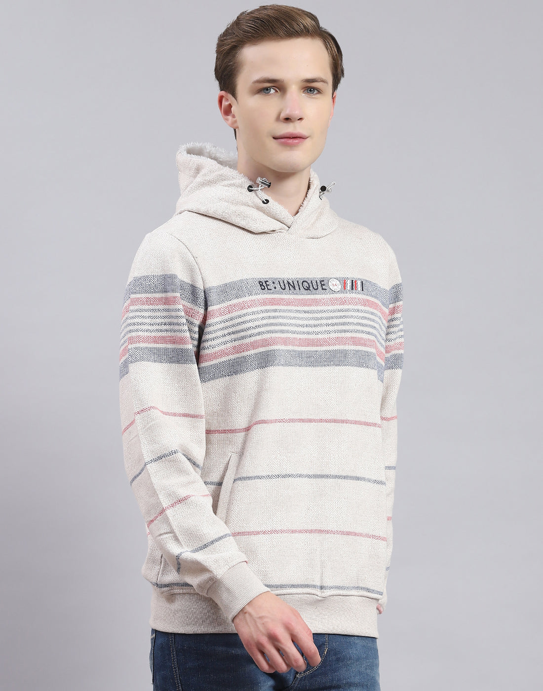Men Grey Stripe Hooded Full Sleeve Sweatshirt