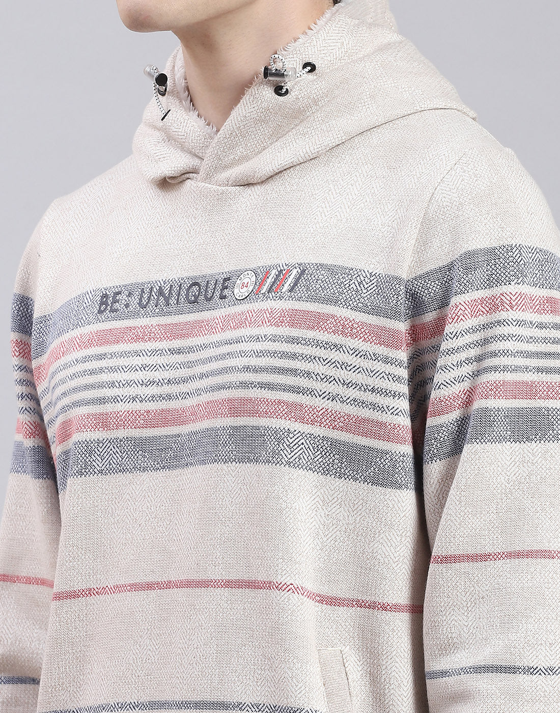 Men Grey Stripe Hooded Full Sleeve Sweatshirt