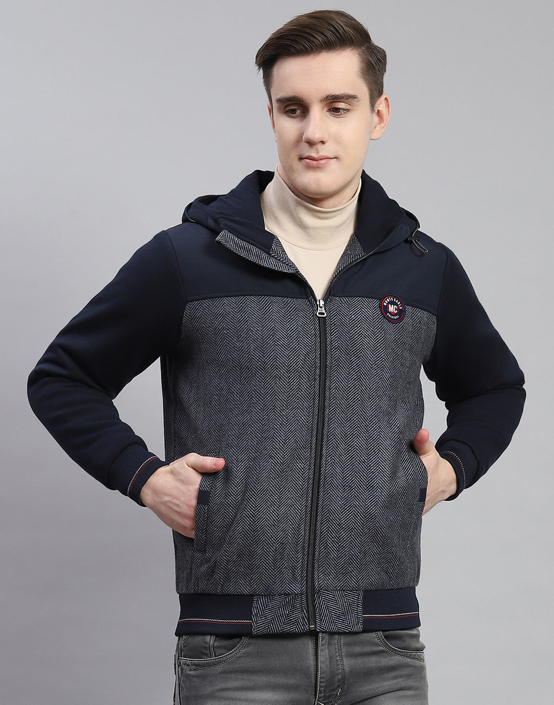 Men Navy Blue Hooded Jacket with Attached Inflatable Neck Pillow