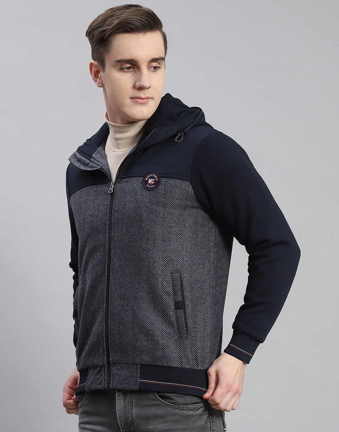 Men Navy Blue Hooded Jacket with Attached Inflatable Neck Pillow