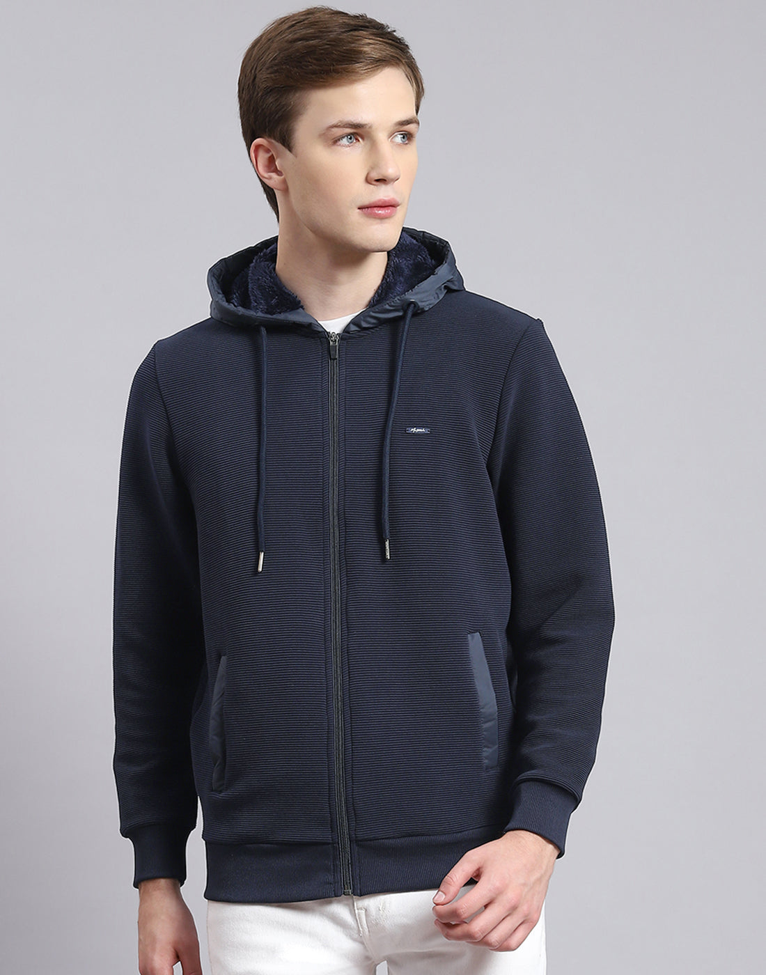 Men Navy Blue Solid Hooded Full Sleeve Sweatshirt