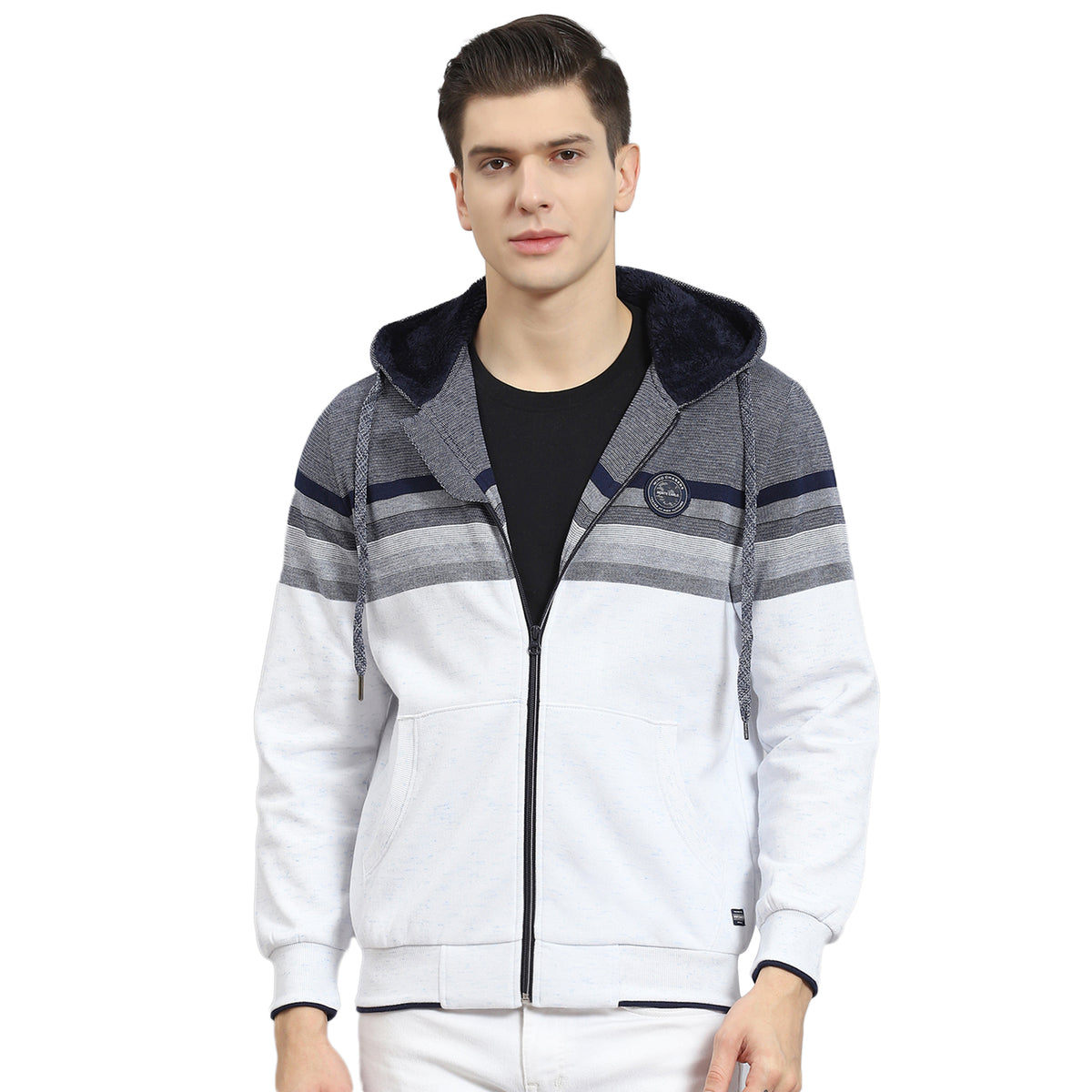 Men Navy Blue Solid Hooded Full Sleeve Sweatshirt