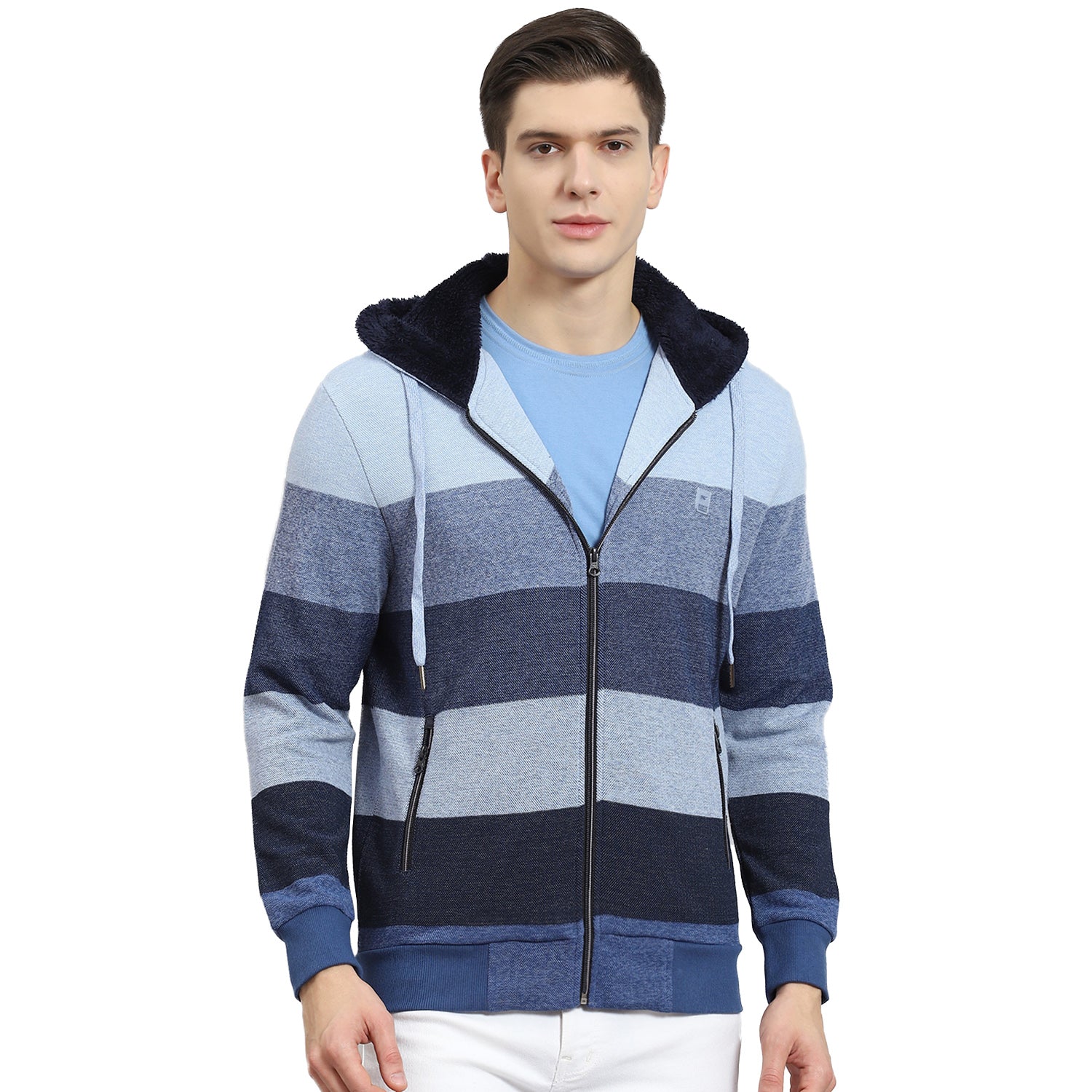 Men Blue Stripe Hooded Full Sleeve Sweatshirt