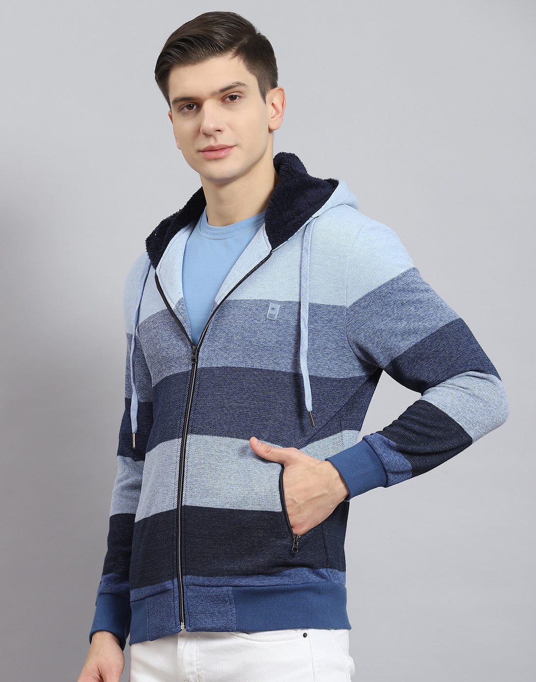 Men Blue Stripe Hooded Full Sleeve Sweatshirt