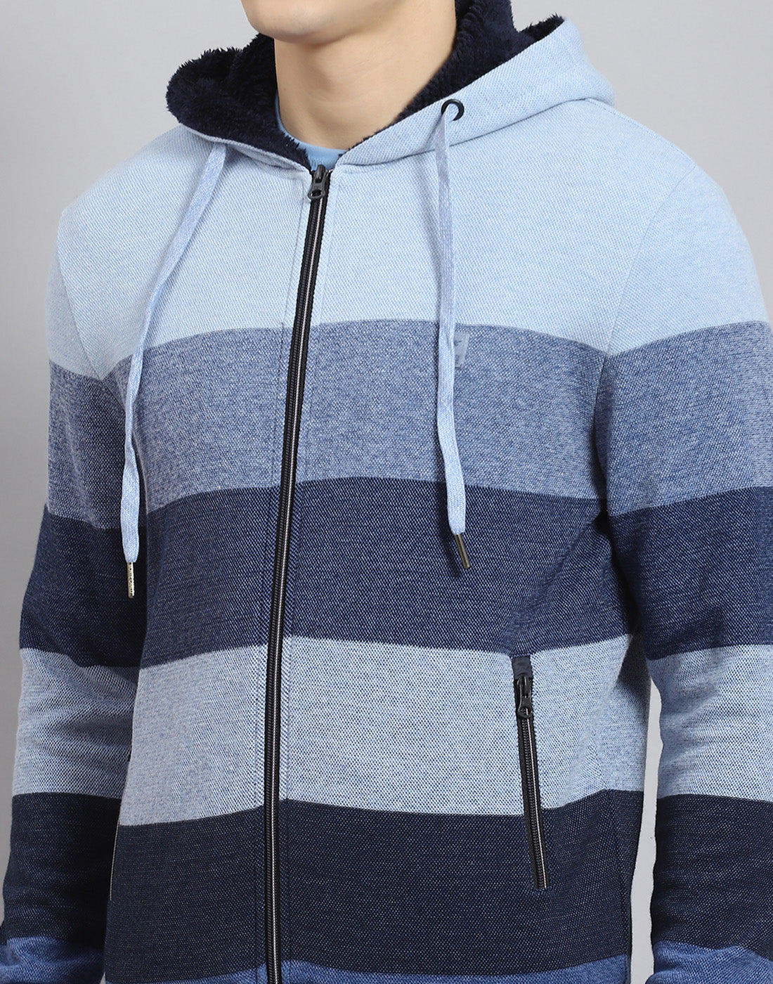 Men Blue Stripe Hooded Full Sleeve Sweatshirt