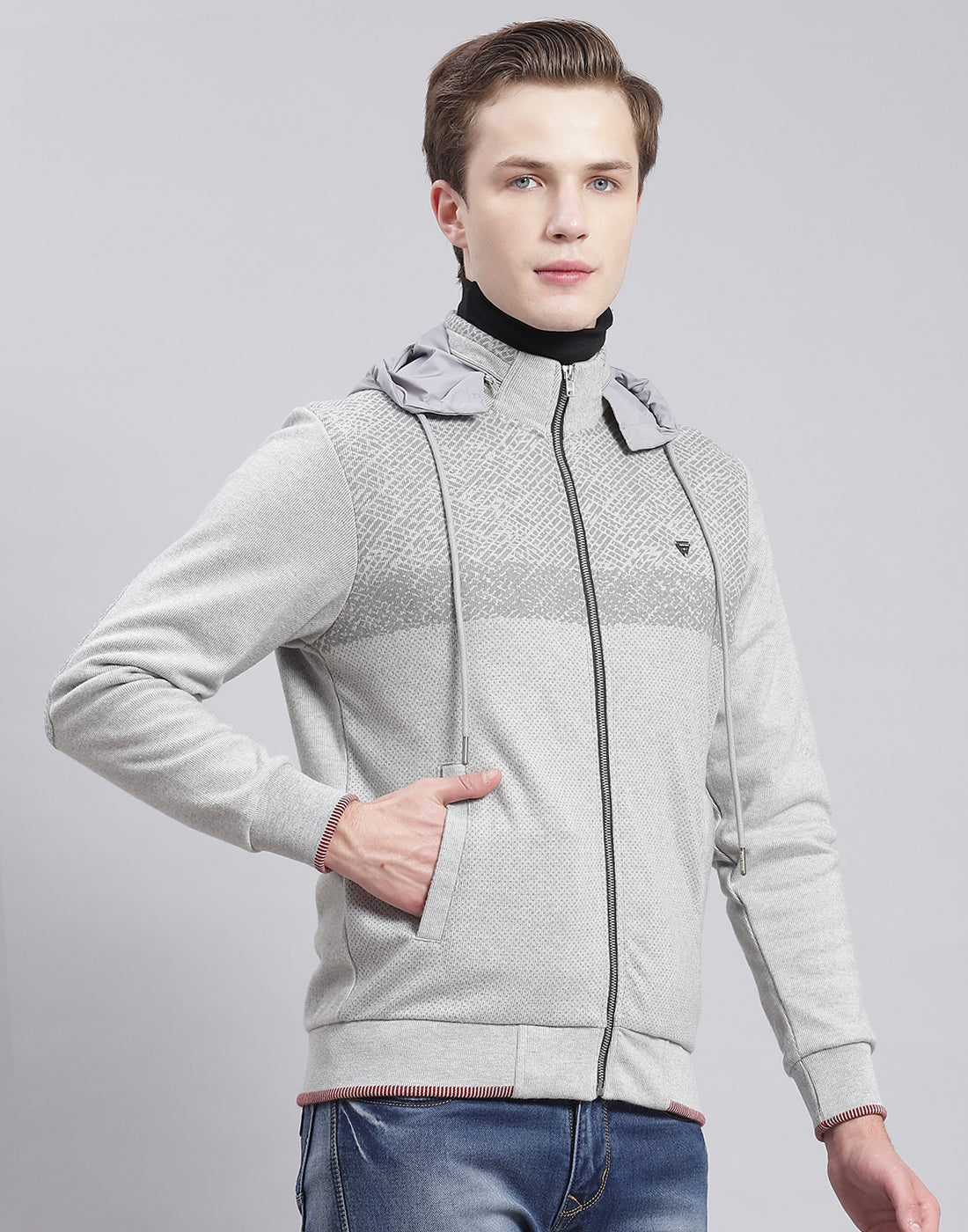 Men Grey Solid Hooded Full Sleeve Sweatshirt