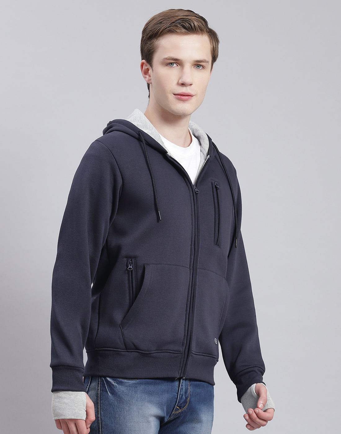 Men Navy Blue Solid Hooded Full Sleeve Sweatshirt