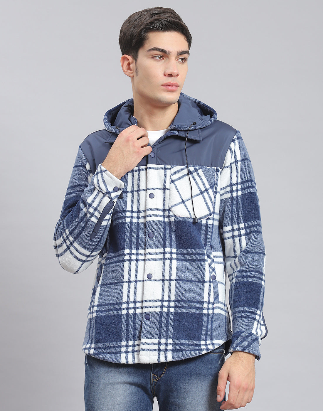Men Blue Check Hooded Full Sleeve Shirt