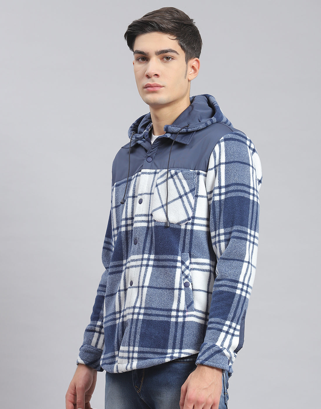 Men Blue Check Hooded Full Sleeve Shirt