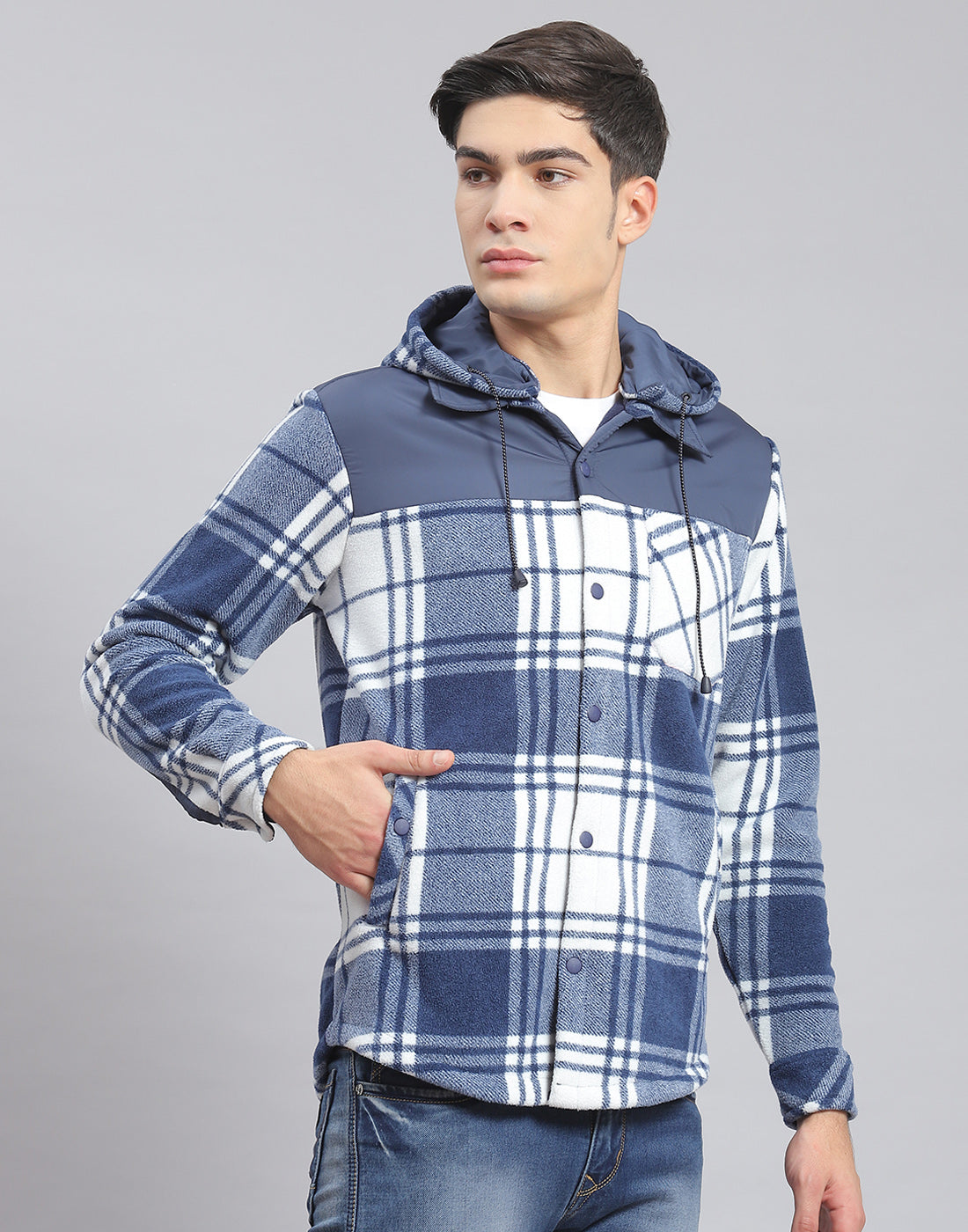 Men Blue Check Hooded Full Sleeve Shirt