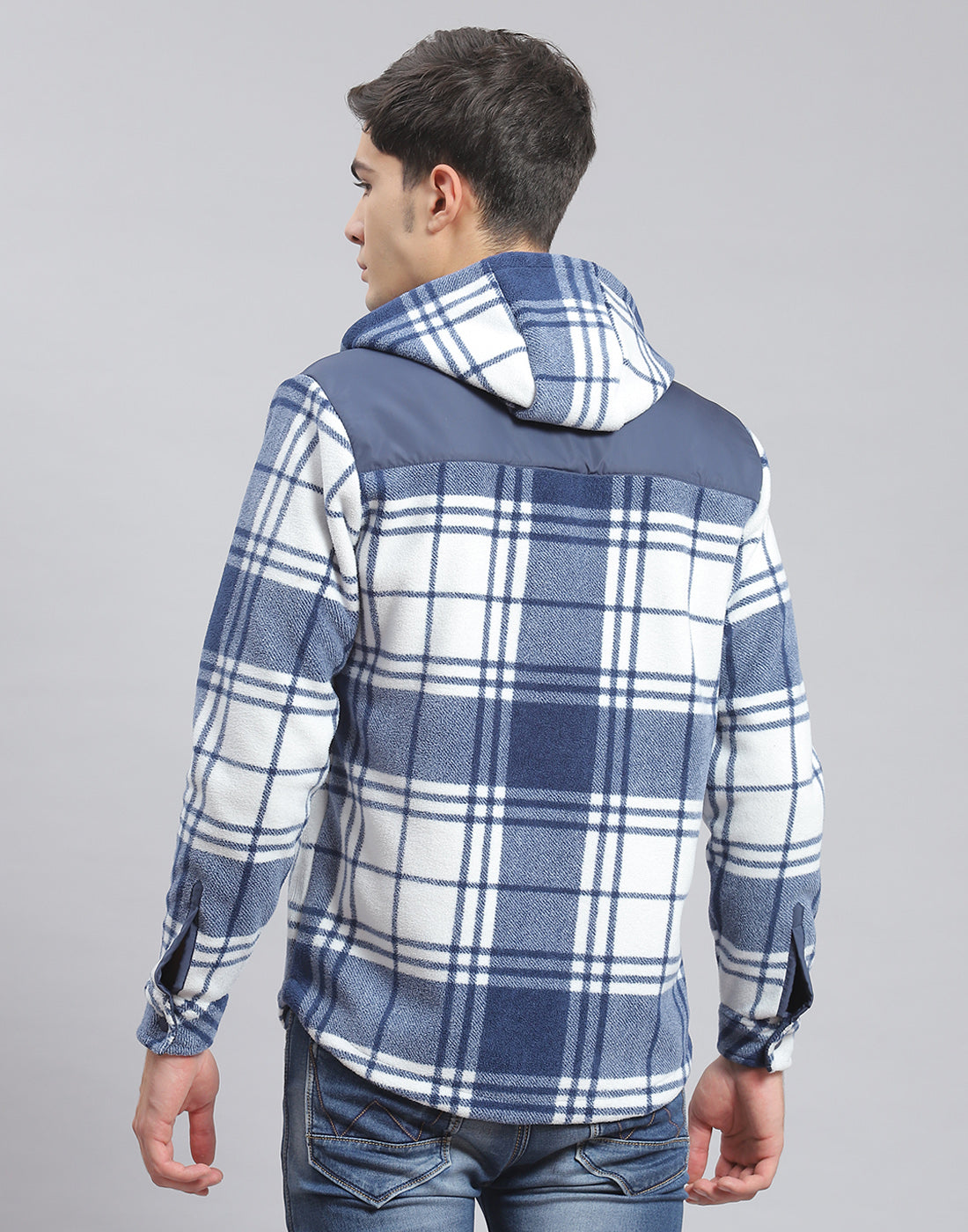 Men Blue Check Hooded Full Sleeve Shirt