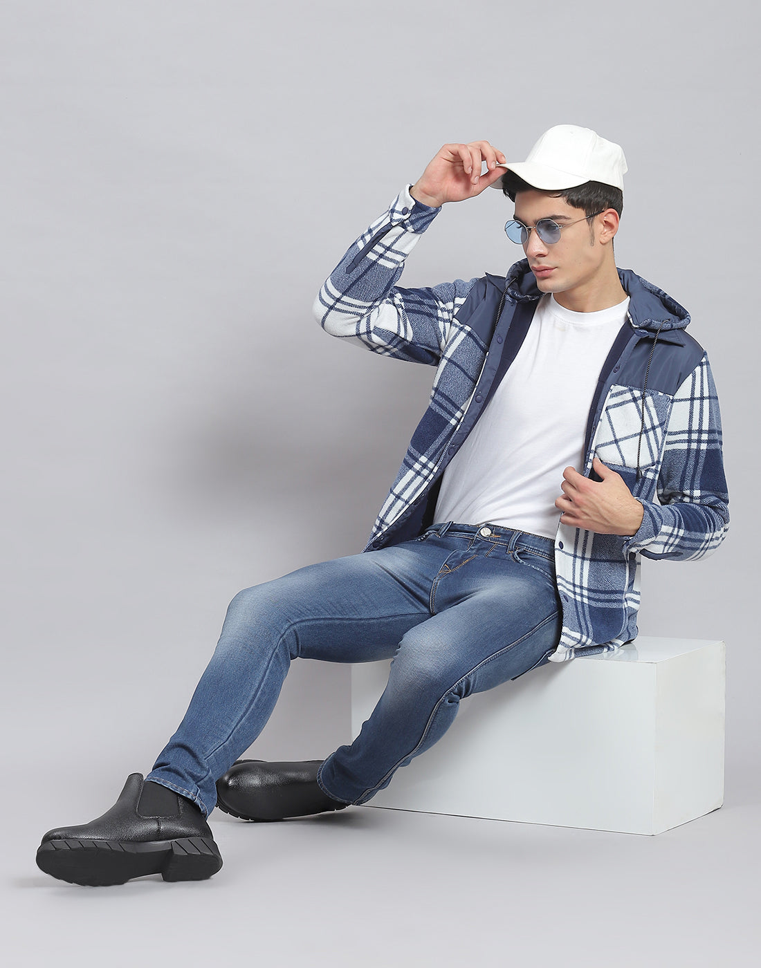 Men Blue Check Hooded Full Sleeve Shirt