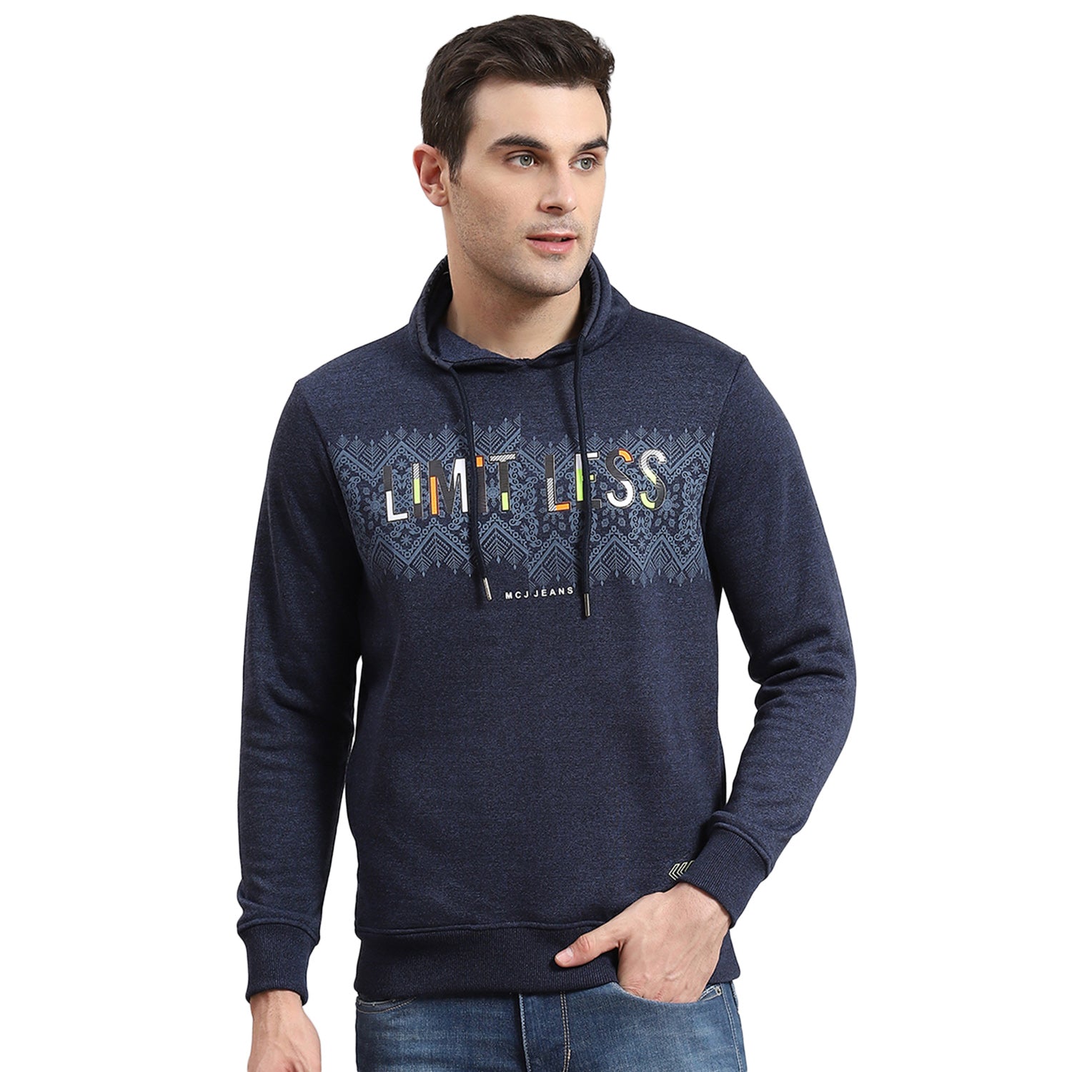 Men Blue Printed F Neck Full Sleeve Sweatshirt